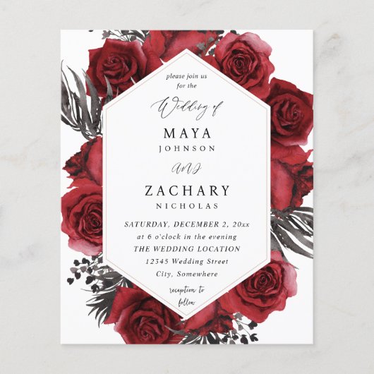 Budget Red Floral & Black Wedding Flyer (Voorkant)