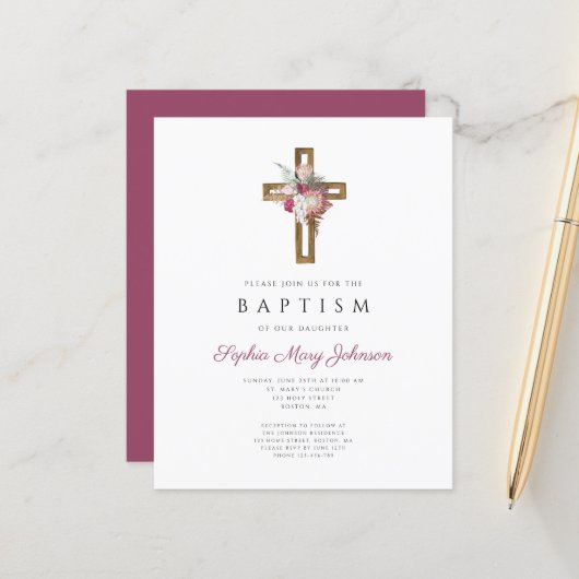 Budget Red Floral Boho Cross Baptism Uitnodiging (Voorkant / Achterkant in situ)