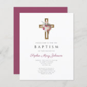 Budget Red Floral Boho Cross Baptism Uitnodiging (Voorkant / Achterkant)