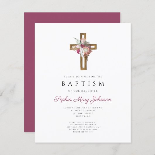 Budget Red Floral Boho Cross Baptism Uitnodiging (Voorkant / Achterkant)