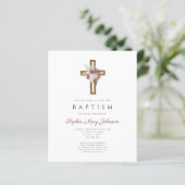 Budget Red Floral Boho Cross Baptism Uitnodiging (Staand voorkant)