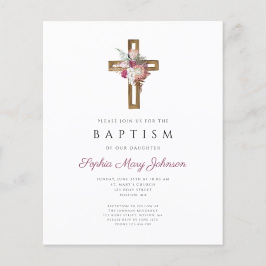 Budget Red Floral Boho Cross Baptism Uitnodiging (Voorkant)