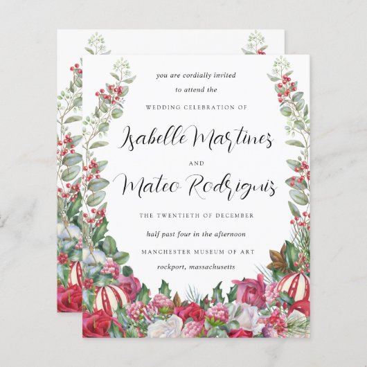 Budget Red Floral kerstbruiloft uitnodiging (Voorkant / Achterkant)