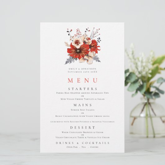 Budget Red Florals Foliage Wedding Menu (Staand voorkant)