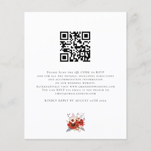 Budget Red Florals QR Code Weduwen Uitnodiging (Achterkant)