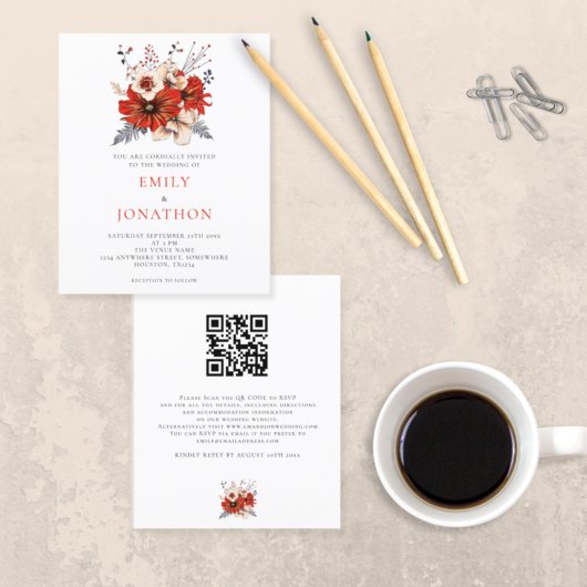 Budget Red Florals QR Code Weduwen Uitnodiging