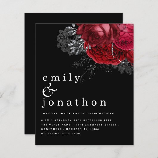 Budget Red Florals Silver Black Wedding (Voorkant / Achterkant)