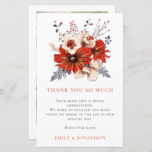 BUDGET Red Florals Weddenschap 3 Foto Quote Bedank (Voorkant / Achterkant)