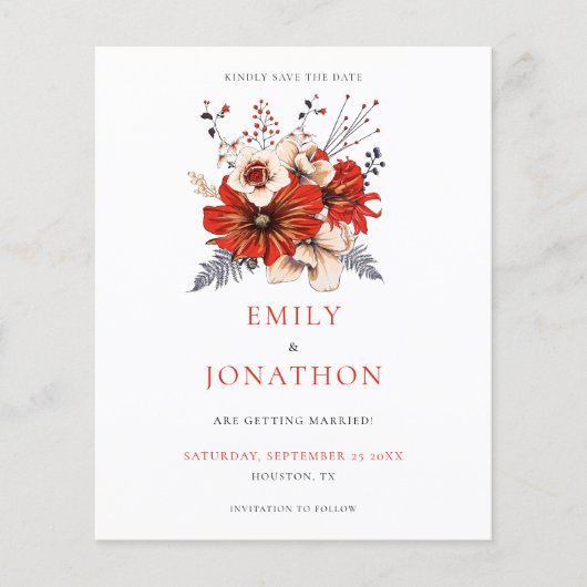 Budget Red Florals Weduwnaar sparen de datum (Voorkant)