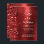 Budget Red Glam Glitter 21st Birthday Invite<br><div class="desc">De linkerrand van deze moderne verjaardagsfeestuitnodiging is voorzien van een rode nepgrens. De aanpasbare tekst combineert wit manuscript en sans serif doopvonten op een rode faux geborstelde metaalachtergrond. De achterzijde heeft een passend ontwerp.</div>