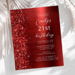 Budget Red Glam Glitter 21st Birthday Invite<br><div class="desc">De linkerrand van deze moderne verjaardagsfeestuitnodiging is voorzien van een rode nepgrens. De aanpasbare tekst combineert wit manuscript en sans serif doopvonten op een rode faux geborstelde metaalachtergrond. De achterzijde heeft een passend ontwerp.</div>