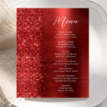 Budget Red Glam Glitter Script Wedding Menu<br><div class="desc">This elegant modern wedding menu features a faux diamond glitter border on a red faux brushed metal background. The customizable text combines white handwriting script and sans serif fonts. The red brushed metal and glitter design is repeated on the reverse side.</div>
