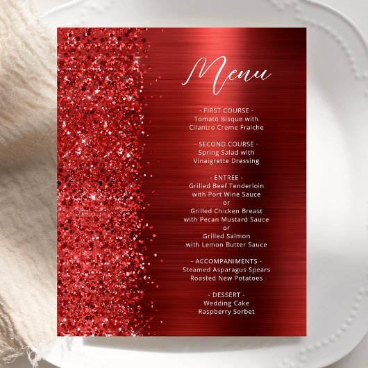 Budget Red Glam Glitter Script Wedding Menu