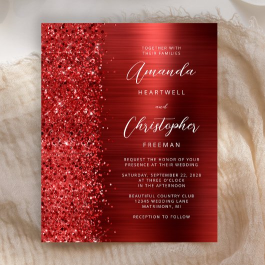 Budget Red Glam Glitter Wedding Invitation