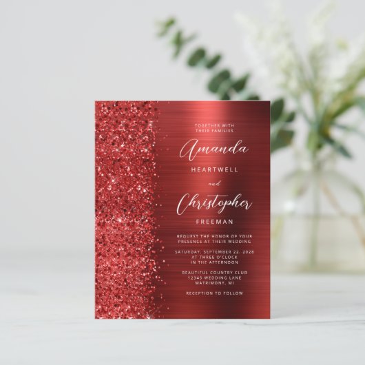 Budget Red Glam QR Code Wedding Invitation (Staand voorkant)