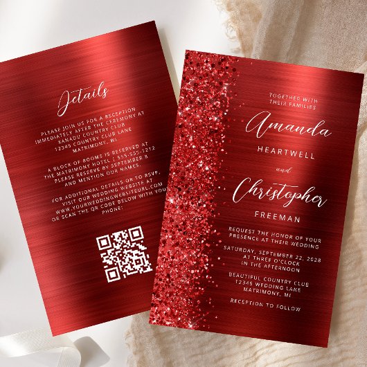 Budget Red Glam QR Code Wedding Invitation