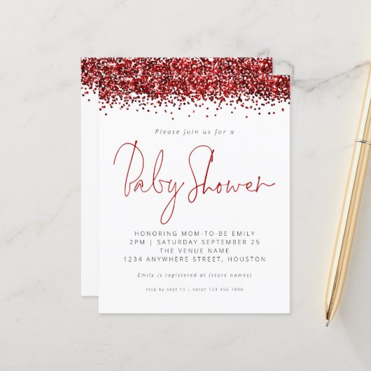 Budget Red Glitter Baby shower Invitation (Voorkant / Achterkant in situ)