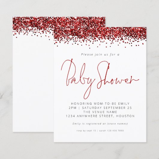 Budget Red Glitter Baby shower Invitation (Voorkant / Achterkant)