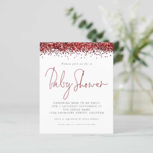 Budget Red Glitter Baby shower Invitation (Staand voorkant)