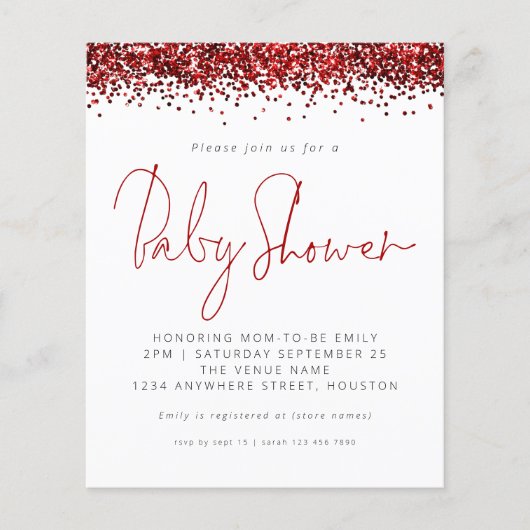 Budget Red Glitter Baby shower Invitation (Voorkant)