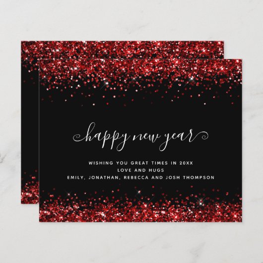 Budget Red Glitter Black Happy Nieuwjaar Kaart (Voorkant / Achterkant)