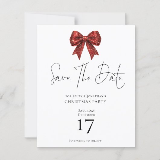 Budget Red Glitter Bow Kerstmis Save the Date (Voorkant)