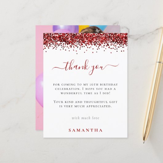 Budget Red Glitter Foto Sweet 16 Hartelijk dank (Voorkant / Achterkant in situ)