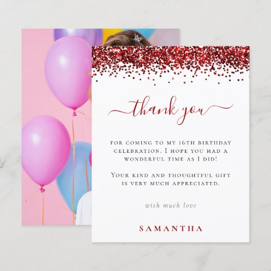 Budget Red Glitter Foto Sweet 16 Hartelijk dank (Voorkant / Achterkant)