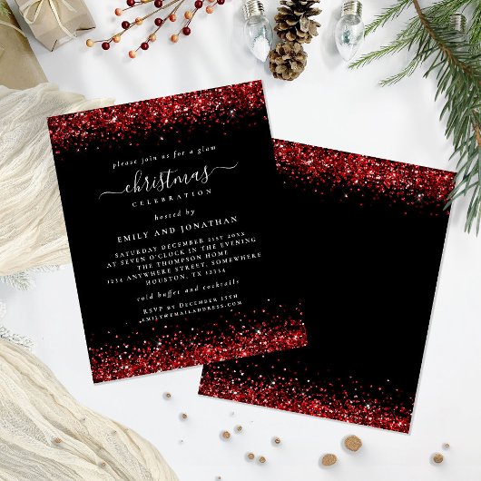 Budget Red Glitter-kerstfeest Black Uitnodiging