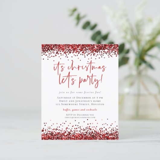 Budget Red Glitter-kerstfeest nodigt feest uit (Staand voorkant)