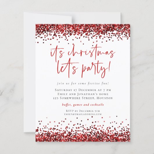 Budget Red Glitter-kerstfeest nodigt feest uit (Voorkant)