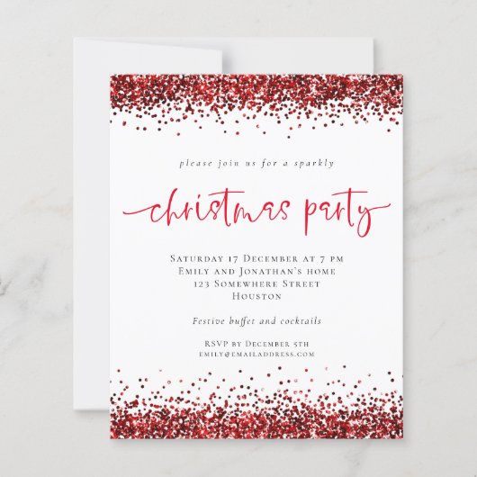 Budget Red Glitter Script Kerstparty nodigt uit (Voorkant)