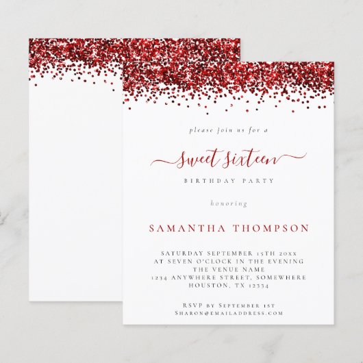 Budget Red Glitter Sweet Sixteen Uitnodiging (Voorkant / Achterkant)