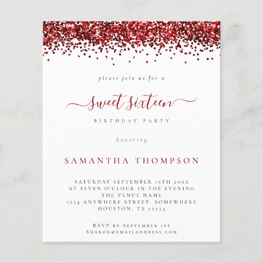 Budget Red Glitter Sweet Sixteen Uitnodiging (Voorkant)