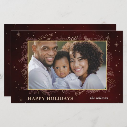 Budget Red Gold Botanical Photo Holiday Card (Voorkant / Achterkant)