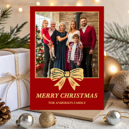 Budget Red & Gold Bow Family Christmas Photo Feestdagenkaart