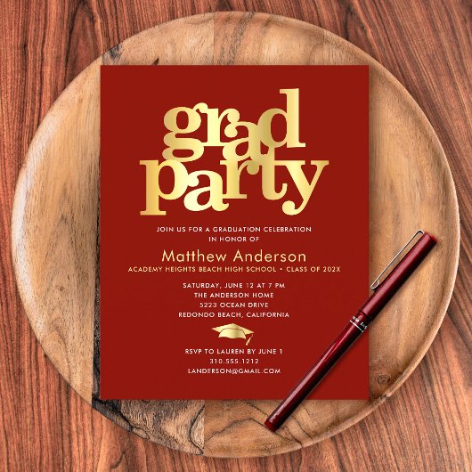 Budget red gold graduation cap bold party call