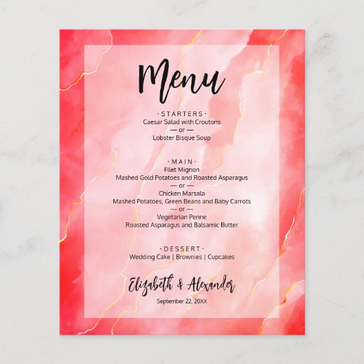 Budget Red Gold Marble Wedding Menu Flyer (Voorkant)