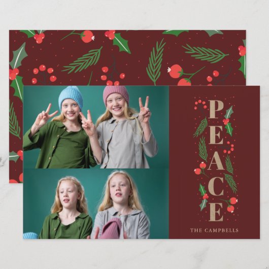 Budget Red Holly Berry Peace Photo Holiday Card (Voorkant / Achterkant)