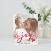 Budget Red Joy Typografie Photo Holiday Card (Staand voorkant)
