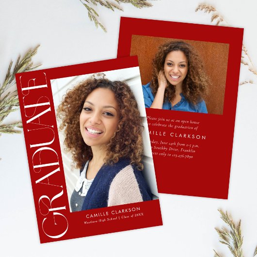 Budget Red Modern Vertical Two Photo Afstuderen Kaart