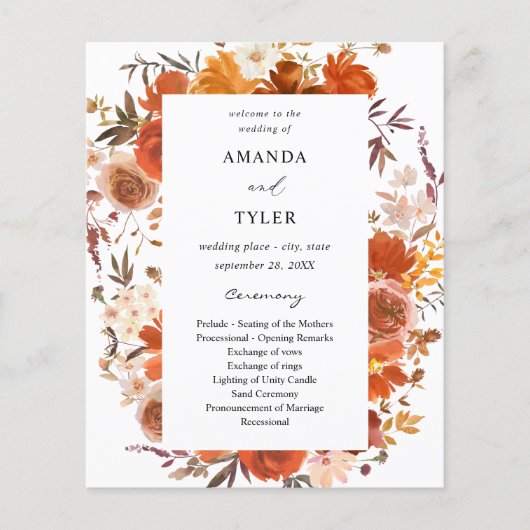 Budget Red & Oranje Floral Wedding Ceremonony Flyer (Voorkant)