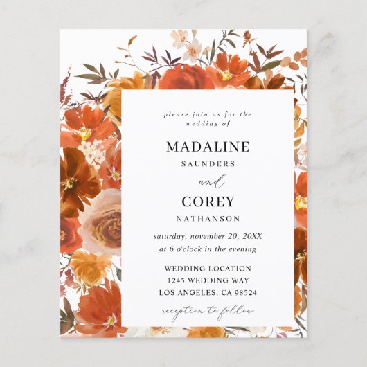 Budget Red & Oranje Herfst Floral Wedding Flyer (Voorkant)