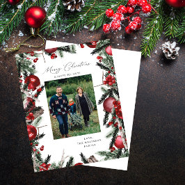 Budget Red Ornaments & Pine Merry-kerstfoto