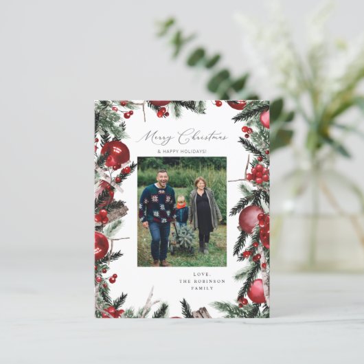 Budget Red Ornaments & Pine Merry-kerstfoto (Staand voorkant)