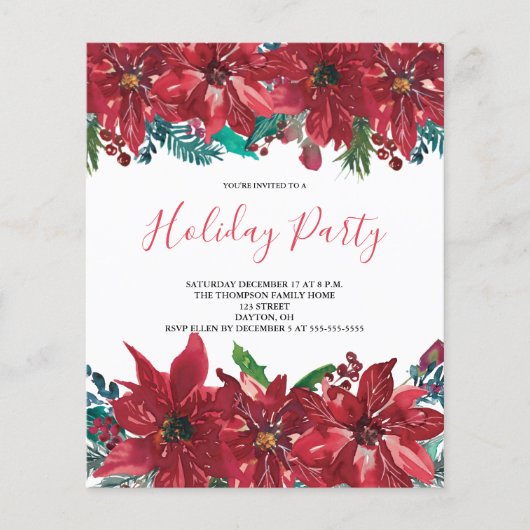Budget Red Poinsettia Holiday Party Uitnodiging (Voorkant)