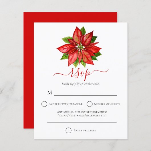 Budget Red Poinsettia kerstbruiloft RSVP (Voorkant / Achterkant)