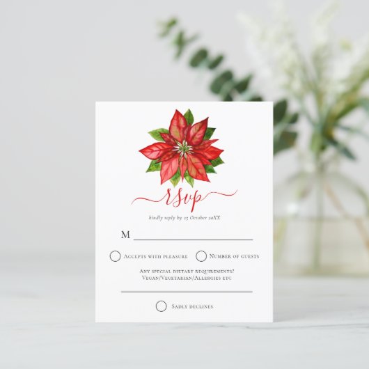 Budget Red Poinsettia kerstbruiloft RSVP (Staand voorkant)