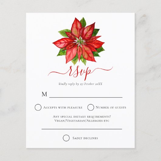 Budget Red Poinsettia kerstbruiloft RSVP (Voorkant)