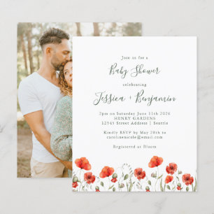 Budget Red Poppy Floral Baby shower Foto uitnodige